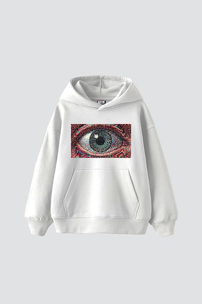 Sekizbiraltı Eye Hallucination Printed Oversize Unisex Λευκό Hoodie