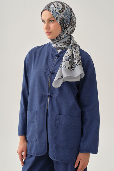 Tuğba Japon Düğme Detaylı Simli Denim Ceket - İndigo