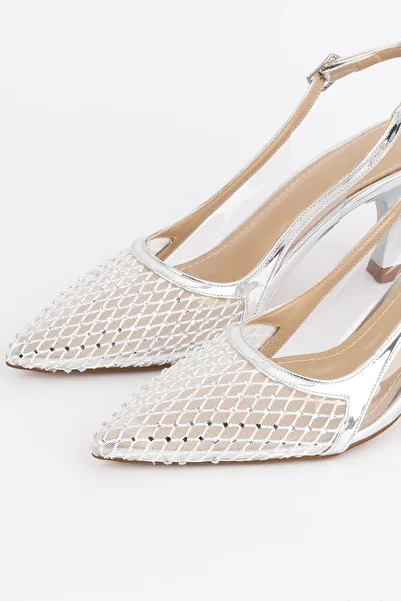 Paris Shoes Women's Silver Mesh Stone Thin Heeled Evening Dress - Velexia
