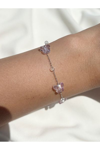 Eylülün Takısı Women's Silver Color Pink Butterfly Bracelet