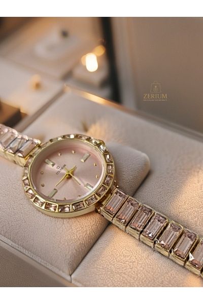 ZERİUM Pink Elegance Gold Color Round Dial Women's Watch