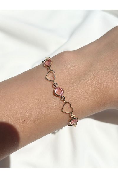Eylülün Takısı Women's Gold Color Pink Stone Heart Bracelet