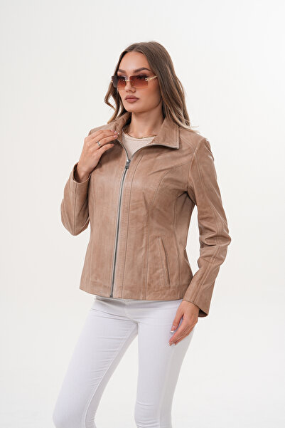 Metins Leather Kadın Bej Hakiki Deri Mont 164Wax