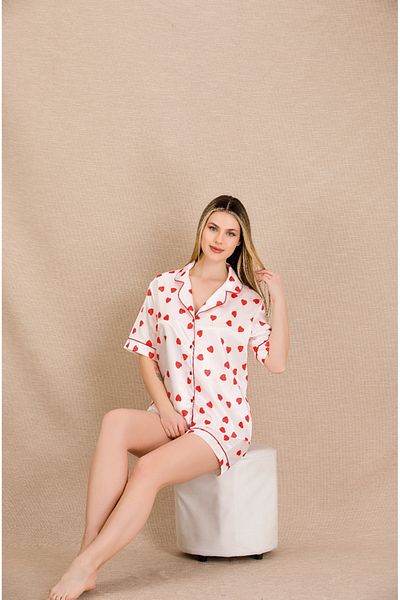 Lady Lingerie Satin Women's Set with Shirt Collar, Short Sleeves and Heart Pattern Shorts