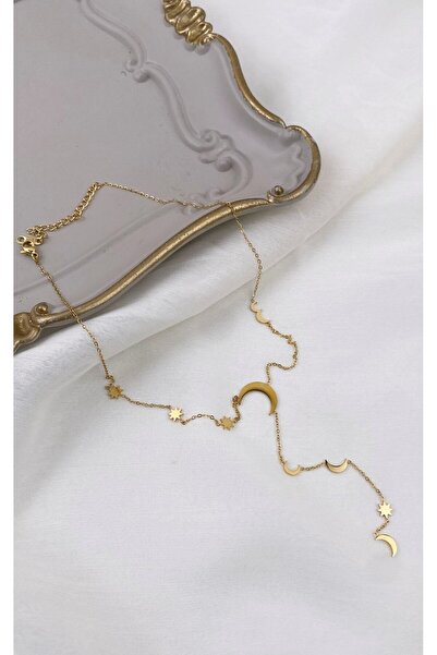 Sacha Accessories Gold Steel Y Necklace with Star and Crescent Figures