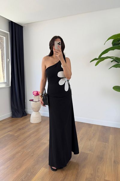 BİRCANÇİL Rita Black One Shoulder Window Detailed Skirt Lined Dress