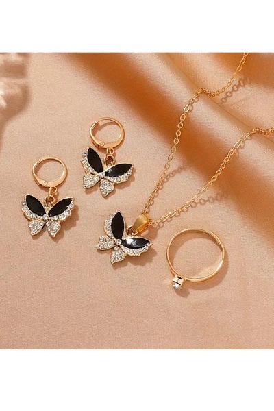 BirYıldızOl Zircon Stone Jewelry Set Stone Butterfly Necklace Earrings Ring 3-Piece Combination Set
