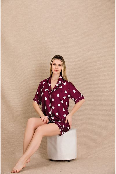 Lady Lingerie Satin Women's Set with Shirt Collar, Short Sleeves and Heart Pattern Shorts
