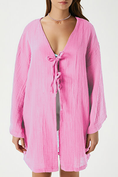 Ritnice Women's Sandra 100% Cotton Muslin Lace-Up Pink Kimono