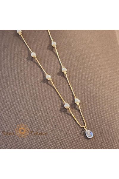saratremo Gold-Plated Necklace, Stamped - Pearls and Zirconia Crystal Pendant, 45 + 5 cm