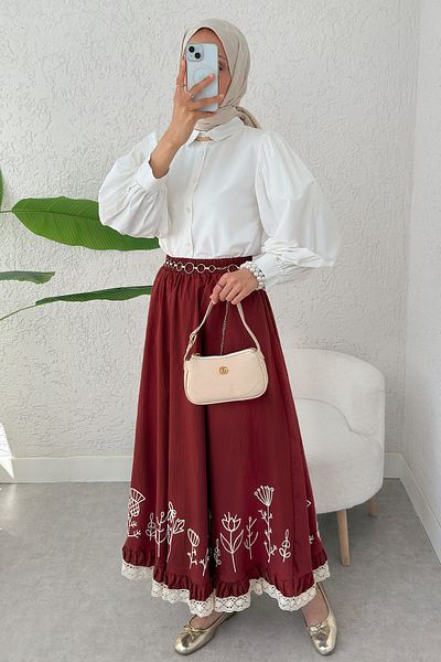 Salih Çelebi Fusta cu detaliu Fisto și Broderie 2329 - Roșu Claret