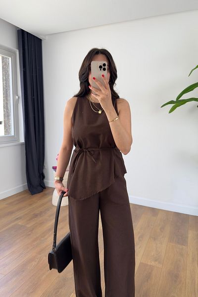 BİRCANÇİL Yilaha Coffee Asymmetrical Drawstring Blouse Pants Set