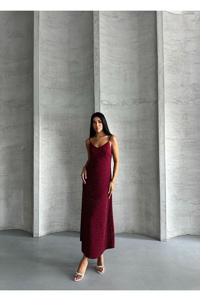 HARMONY GLOBAL Rochie lungă de vară, cu detaliu de piatră, cu bretele reglabile, roșu claret, elastic pe spate - 148