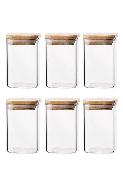 Bisbell 6Pcs Square Glass Storage Jars With Airtight Bamboo Lid,Spice jar,500ML,BB4013