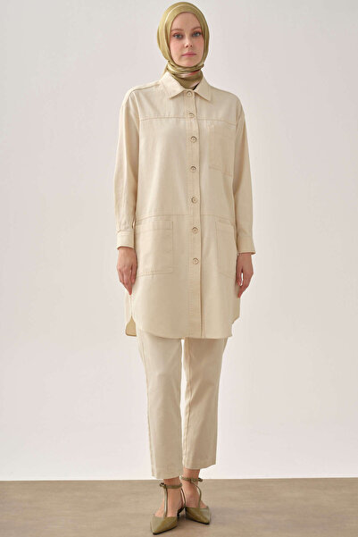 Tuğba Cep Detaylı Uzun Ceket - Ekru