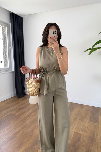 BİRCANÇİL Yilaha Khaki Asymmetrical Drawstring Blouse Pants Set
