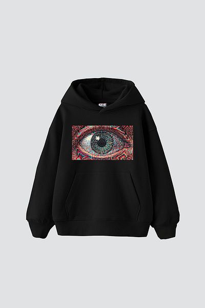 Sekizbiraltı Eye Hallucination Printed Oversize Unisex Μαύρο Hoodie
