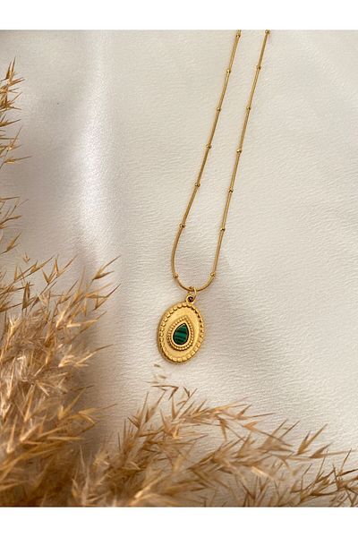 stainless steell Oval Steel Necklace with Green Stone Detail