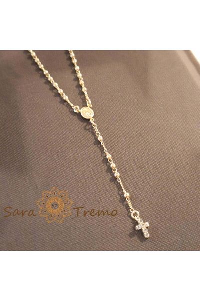 saratremo Gold-plated Necklace – Gold Pearls and Cross with Crystals
