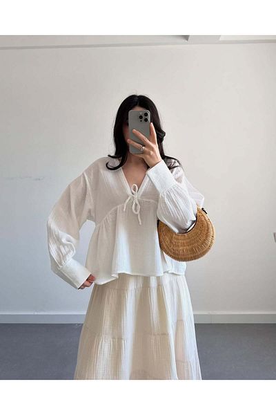 Lusin Women's Long Sleeve White Premium Muslin Fabric Shirt Blouse