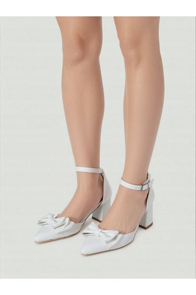 Melacomfort White Thick Heeled Buckle Bow Detailed Women's Evening Dress Shoes
