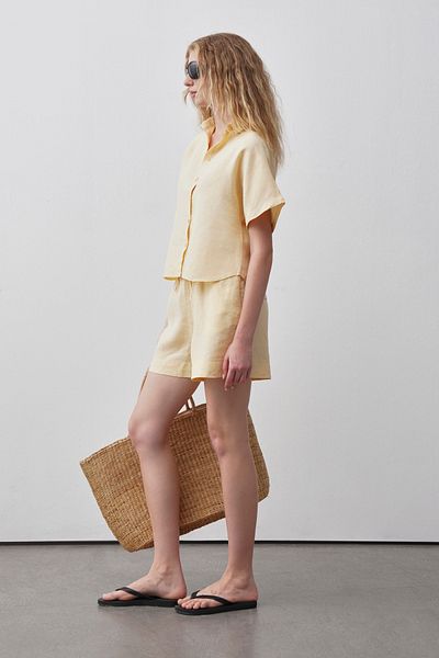 mathilda store Women's Yellow Linen Shorts Shirt Set
