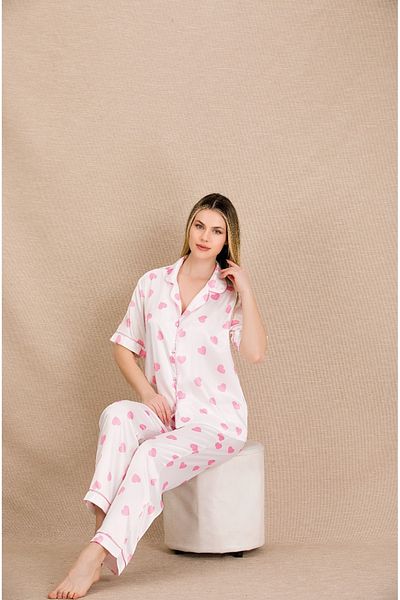 Lady Lingerie Short Sleeve Heart Pattern Satin Women's Pajama Set with Shirt Collar