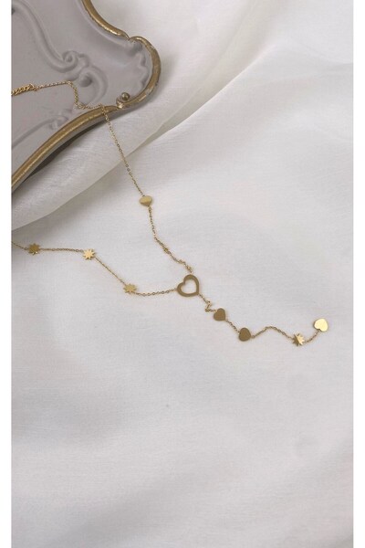 Sacha Accessories Gold Steel Y Necklace with Heart Figure and Star Detail
