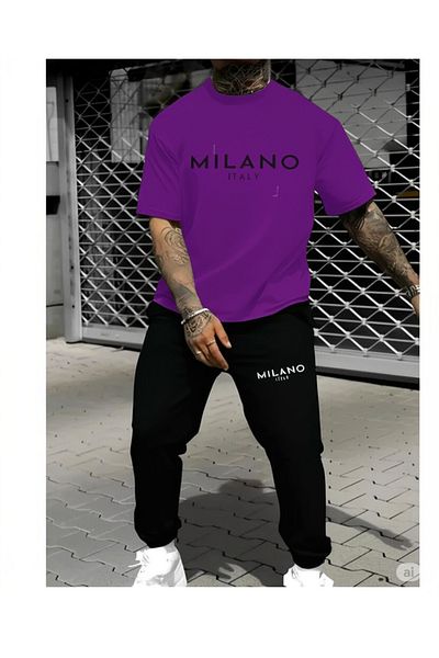NO 601 Men's Purple Milano Printed T-Shirt Black Tracksuit Bottom Top Set