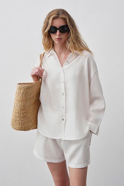 mathilda store Women's White Limited Edition Linen Shirt Shorts Set