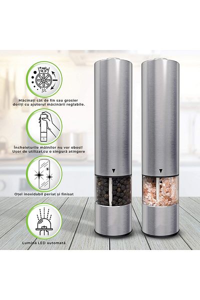 Bukate Set de 2 Rasnite Electrice sare si piper, Bukate, Reglaj Macinare, Inox, Argintiu cromat