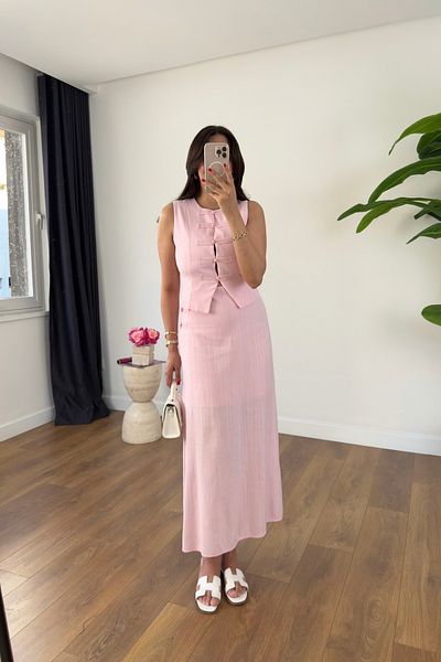 BİRCANÇİL Orsa Pink Vest Button Detail Skirt Lined Suit