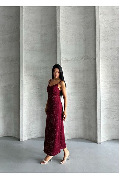 HARMONY GLOBAL Rochie lungă de vară, cu detaliu de piatră, cu bretele reglabile, roșu claret, elastic pe spate - 148