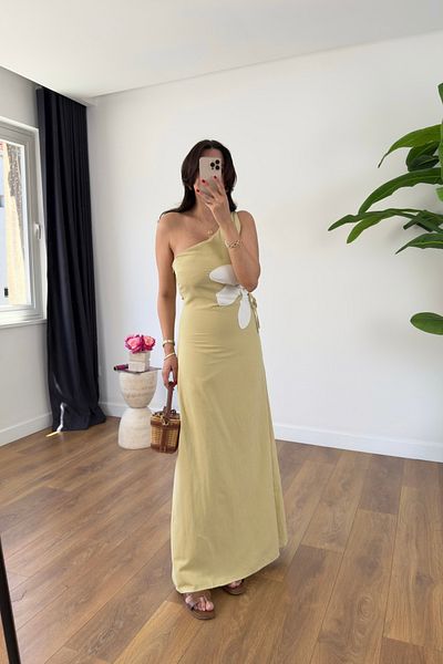 BİRCANÇİL Rita Yellow One Shoulder Window Detail Skirt Lined Dress