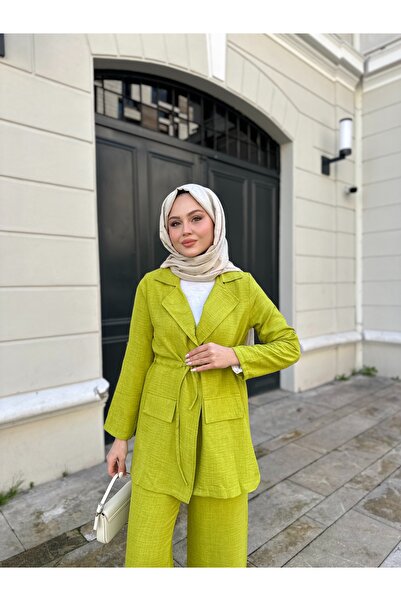 FAİK BARMAZ Kadın Bağcıklı Keten Ceket Pantolon Takım