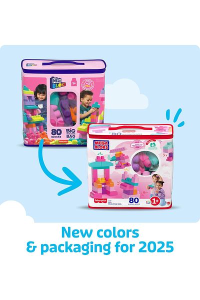 mattel حقيبة بناء كبيرة من ميجا بلوكس فيرست بيلدرز، 80 قطعة، وردية اللون