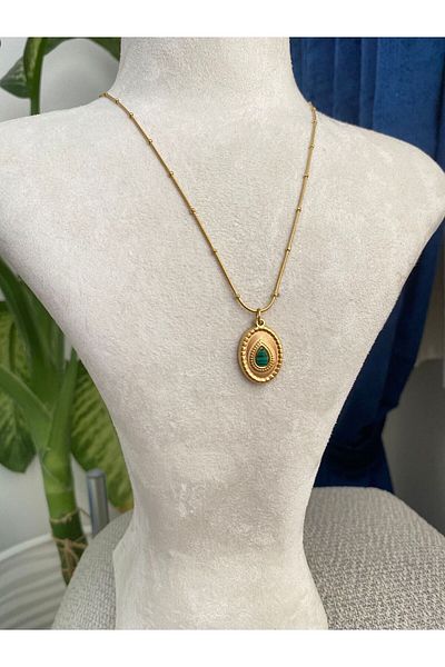stainless steell Oval Steel Necklace with Green Stone Detail