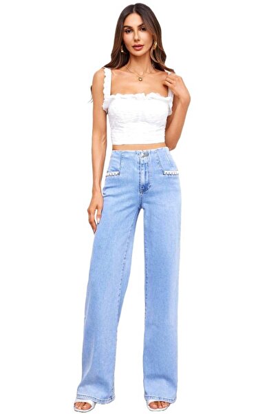 FashionForYou Γυναικείο φαρδύ τζιν, MENTOR, με αξεσουάρ από χειροποίητες πέτρ...