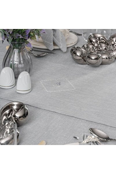 Cotton Box Embroidered Tablecloth Set, Cotton Box, Pear Grey