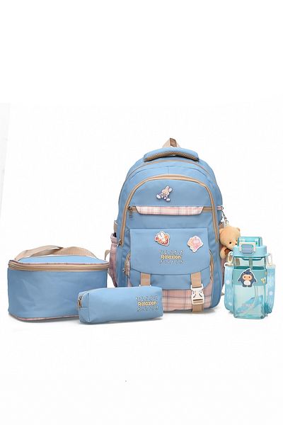 ELATAE Children's 4-Piece School Set Primary School Bag & Thermal Lunch Bag & Pen Holder & Water Bottle 1396