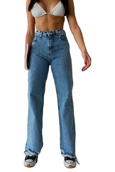 FashionForYou Blugi Yukatan cu picior lat, cu tiv perforat și aspect pre-spălat, albastru deschis, 36