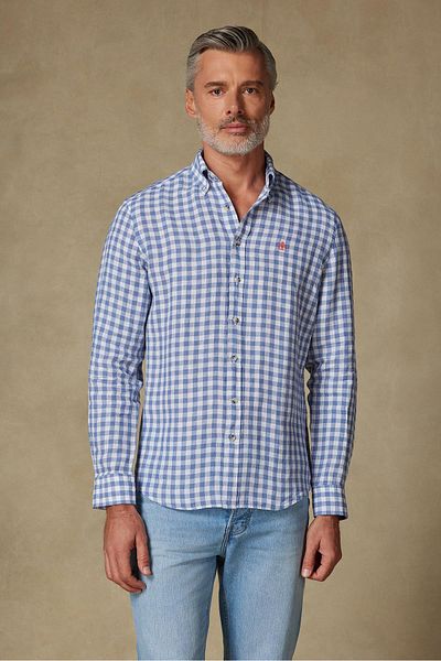 Abbate Sorento Linen Linen Comfort Fit Dark Blue Button Collar Men's Checkered Shirt