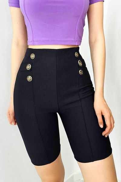 FashionForYou Colanți scurți Anaya, cu textură tetra și nasturi metalici, negri, mărimea XL