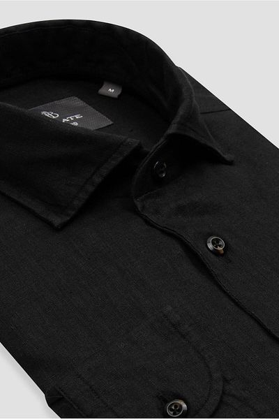 Abbate Bella Linen Linen Comfort Fit Black Mostra Collar Men's Plain Shirt