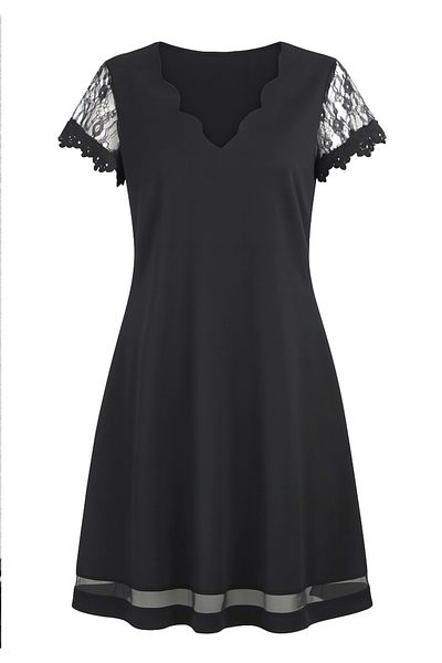 Little Visqon Women's Short Sleeve Laser V Neckline Hem Tulle Detail Janjan Crepe Dress