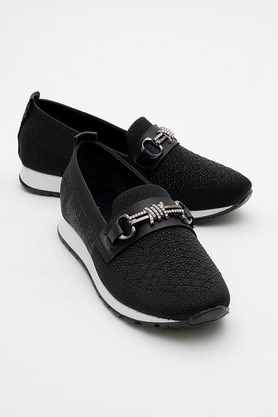 CCWAY AYAKKABI Women's Stone Buckle Knitwear Casual Shoes Black