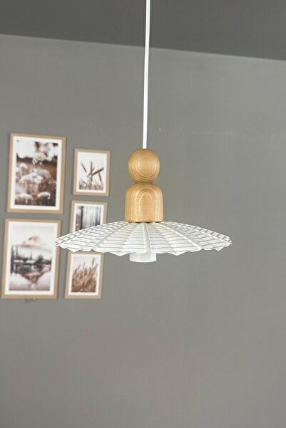 Bamyum Moriva Beyaz Metal Avize Kalın Ahşap Boncuk Başlık Tekli Rustik Cafe Modern Sarkıt Aydınlatma