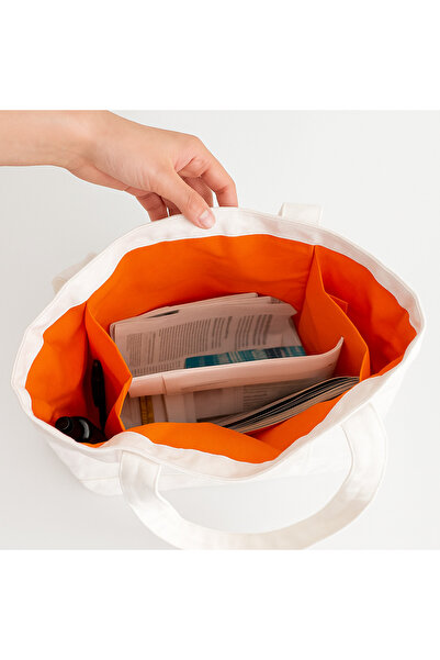 UCCELLO White Tote Bag with N Logo - Beach Bag, Thick Fabric, Orange Lining, Shoulder Strap