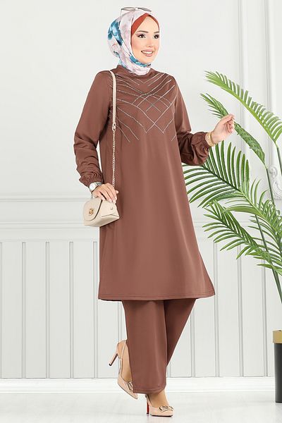 ModaMerve Stylish Suit with Stone Detail 430Dvl897-M Brown