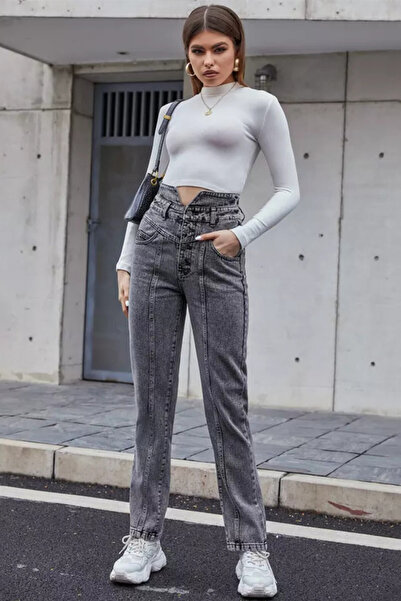 FashionForYou Blugi dama Lisa, cu talie inalta si croiala mom fit, Gri